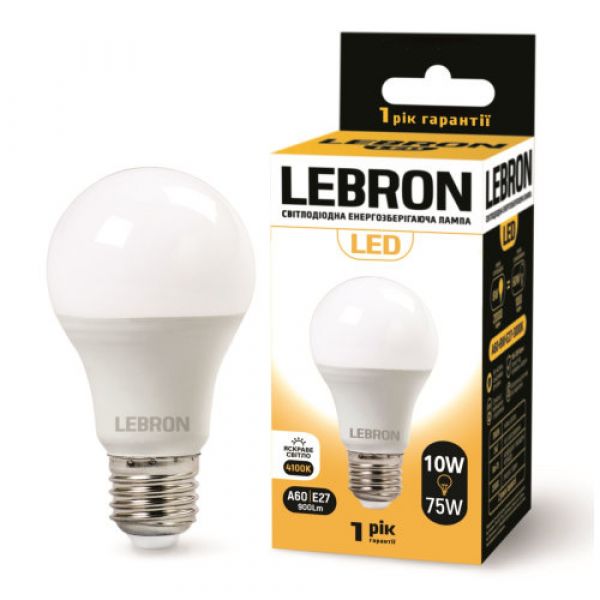 Лампа LED LEBRON L-A60, 10W, E27, 4100K, 900Lm