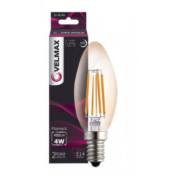 Лампа LED VELMAX V-FILAMENT-C37, 4W, E14, 4100K, 400LM